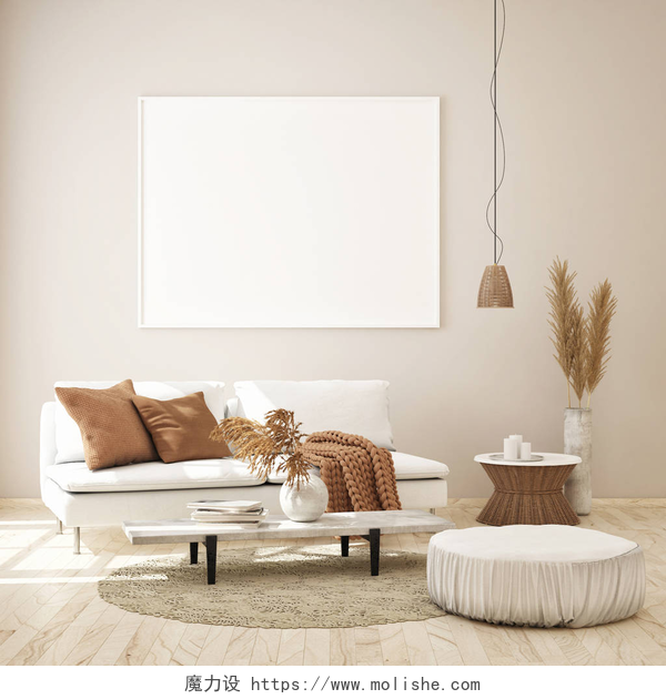 现代室内家装效果图模拟海报框架在现代内部背景, 斯堪的纳维亚风格, 3d 渲染, 3d 插图